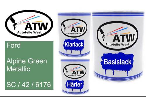 Ford, Alpine Green Metallic, SC / 42 / 6176: 1L Lackdose + 1L Klarlack + 500ml Härter - Set, von ATW Autoteile West.